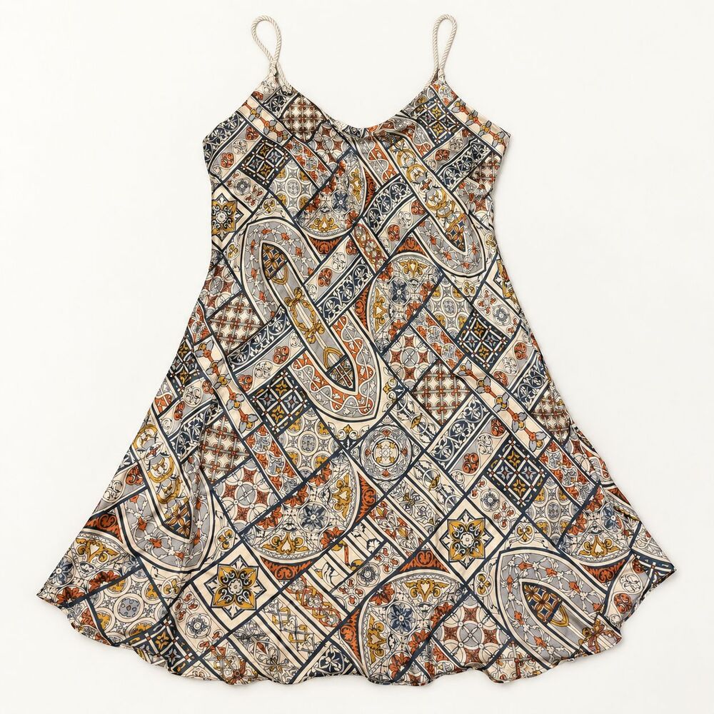August Silk 100% Silk Slip Dress S Multicolor Tile Print Spaghetti Strap